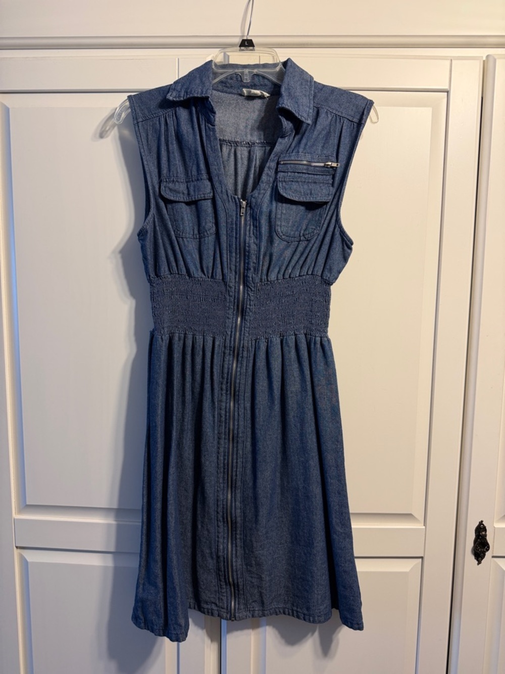 Sleeveless Denim Zip-Front Mini Dress in Blue